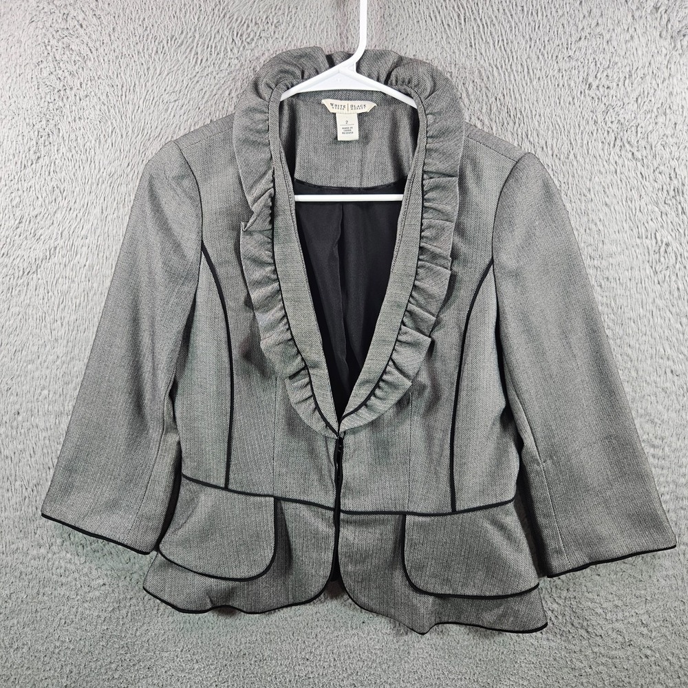 White House Black Market Blazer Suit Jacket Size 2 Fitted Ruffle Gray Black Work